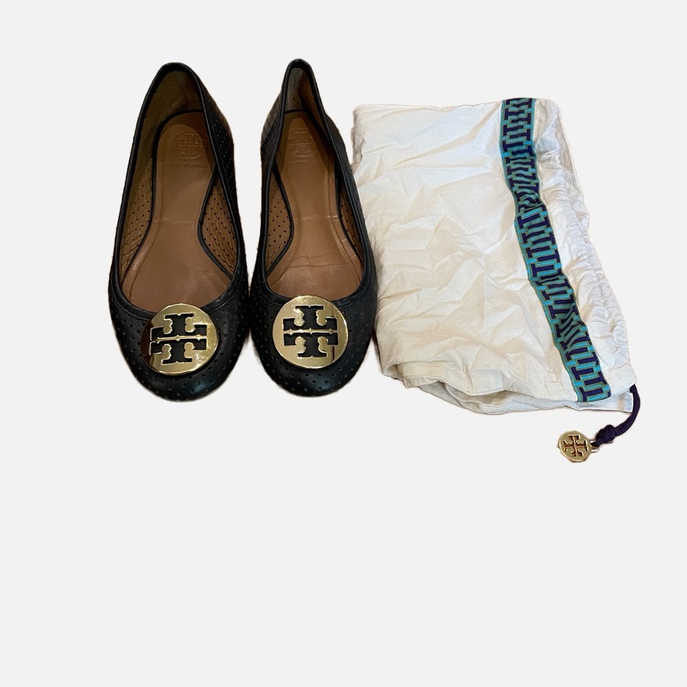 Tory Burch Black Perforated Reva Flats with Gold Logo Size 9